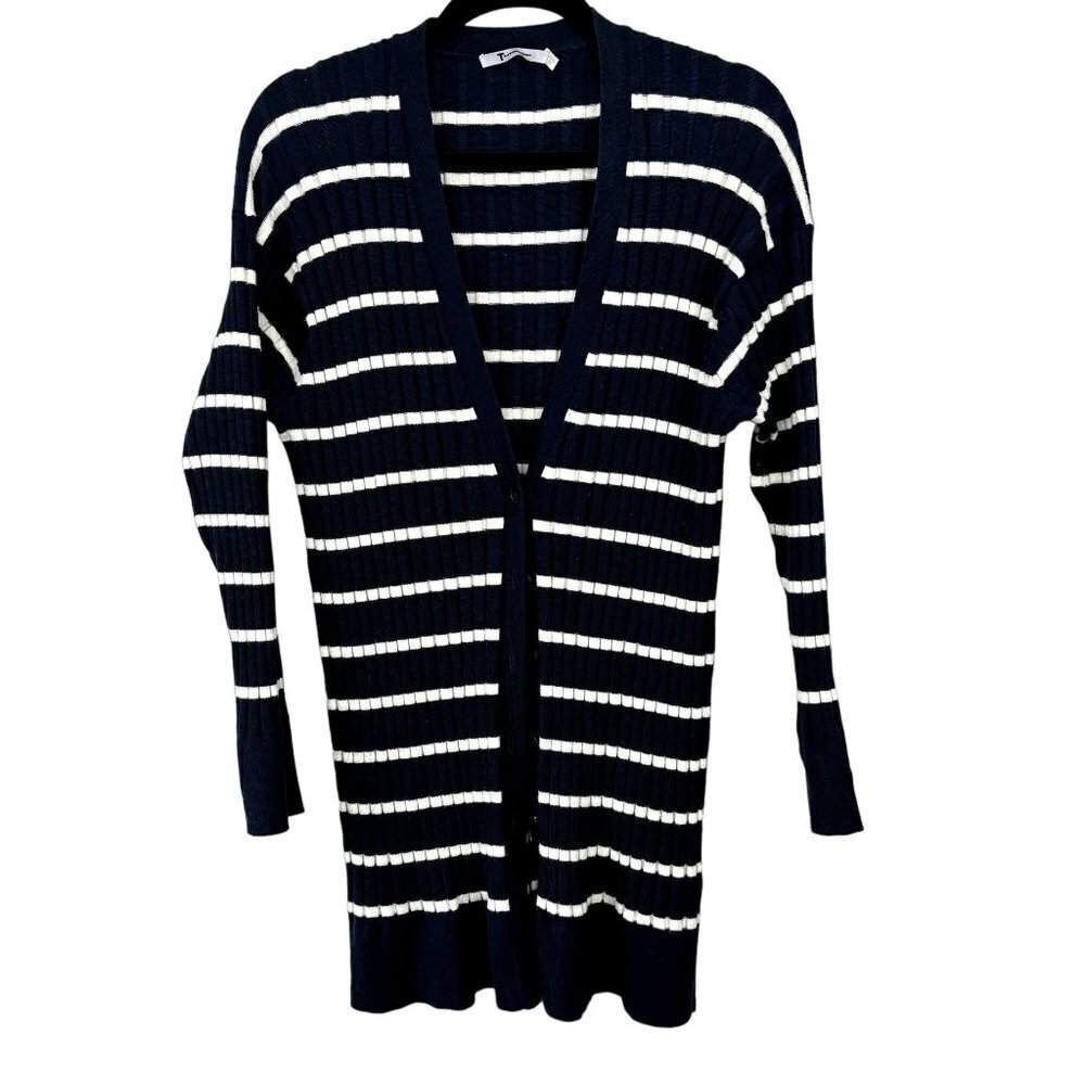 T Alexander Wang Ribbed Navy White Striped Long Cardigan XS